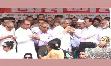 জুস পান করিয়ে মির্জা ফখরুলের অনশন ভাঙালেন অলি আহমদ